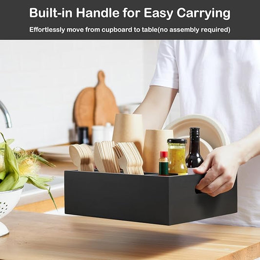 Black Wood Utensil Holder for Party - Paper Plate Organizer for Countertop - Silverware Caddy with 6 Compartments for Plate Cup Fork Spoon - Cutlery Holder for Kitchen Camping Buffet