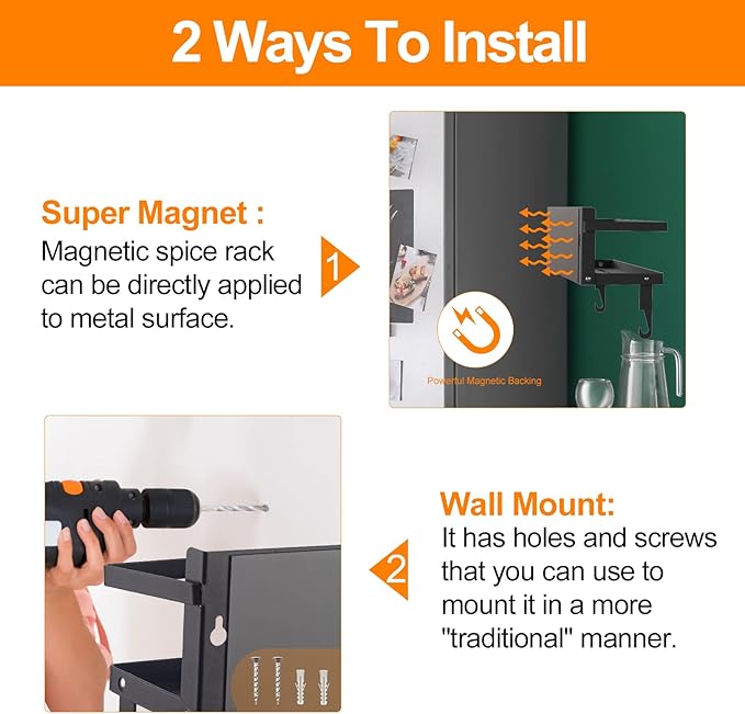 Spice Rack Magnetic Shelf, Foldable Refrigerator Magnetic Spice Holder, Wall Mounted Seasoning Organizer Hanging Spice Storage Stand with Paper Towel Holder Roll & Hooks