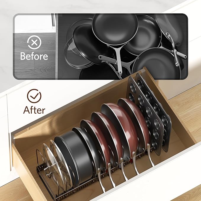 ORDORA Pots and Pans Organizer: Under Cabinet, 12 Adjustable Dividers, 11.8''-22.8'' Extendable,Pan Organizers inside Cabinet for Kitchen Storage-Bronze