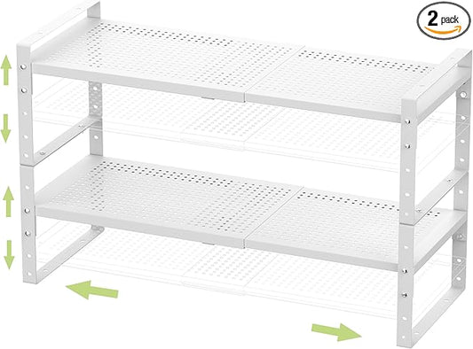 Expandable Stackable Aadjustable Spice Rack Pantry Shelf for Kitchen Cabinets Counter Shelves Countertop Cupboard Storage Solution,Sturdy Heavy-Duty Metal Construction(2Packs/White/Medium)