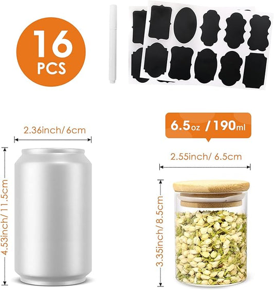 6.5 oz Glass Spice Jar with Bamboo Airtight Lids and Labels, Small Glass Food Storage Containers for Kitchen Pantry Organization Spices Tea Coffee Candy Herbs（16 Pack）