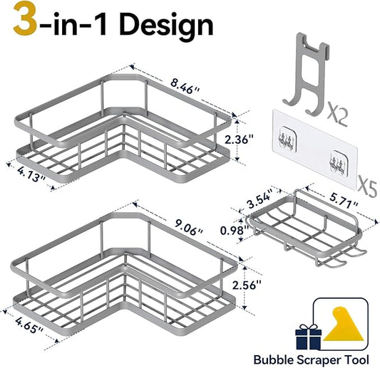 YASONIC Corner Shower Caddy Organizer, 3-Pack Self-Adhesive Rustproof Bath Shelves with Soap Holder & 4 Hooks, Large Capacity Shower Storage Rack for Bathroom Organization, Grey