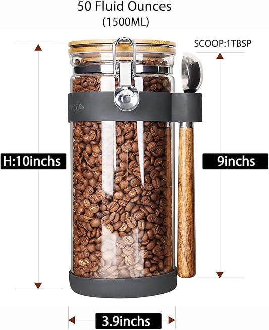 KKC HOME ACCENTS Airtight Clear Glass Coffee Bean Storage Container with Scoop,Air Tight Sealed Glass Canister with Bamboo Clamp Lid for Cereal,Loose Tea,Nut,Sugar,50 Fluid Ounce