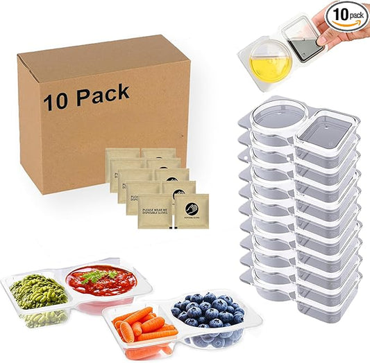 10 Sets Double Compartment Condiment Container for Dip, Sauce, Sampling and Travel Snacks (Includes 5 Pairs Disposable Gloves)