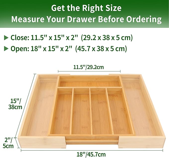 VaeFae Bamboo Drawer Organizer, Expandable Silverware Drawer Organizer, Cutlery Tray with Dividers for Kitchen Utensils, Medium