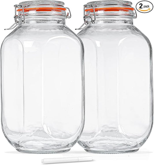 1 Gallon Square Glass Storage Jars with Airtight Lids, 2 Pack Large Glass Pickle Jars for Fermenting, Clear Glass Canister for Flour, Cookie, Candy, Kombucha, Sun tea(Extra Labels and Gasket)
