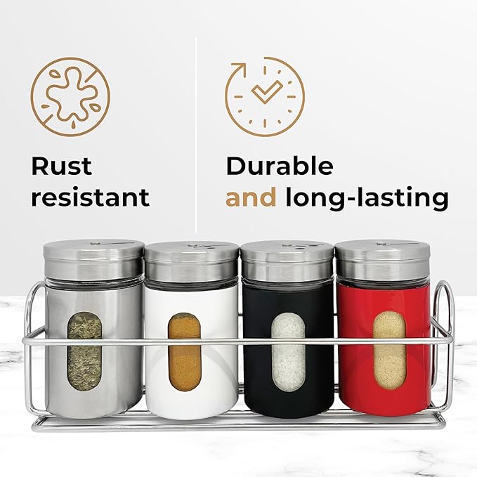 4 Pcs Stainless Steel Spice Seasoning Container Jars with Storage Rack, Perfect for Storing Spices, Salt, Pepper, Sugar and Dry Ingredients