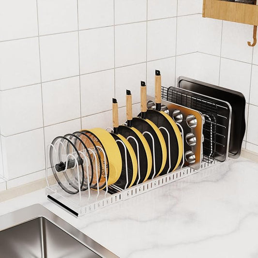 Pot And Pan Organizer Under Cabinet, Expandable Pans and Pots Organizer Rack Pot Lid Holder Shelf with 12 Different Size Dividers (12 Brackets-White)