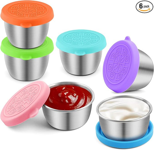 FUNFERY Salad Dressing Container To Go,6x1.6oz Stainless Steel Small Condiment Containers with Lids,Condiment Cups LeakProof Dipping Sauce Cups,Reusable Salad Dressing Container for Lunch Bento Box