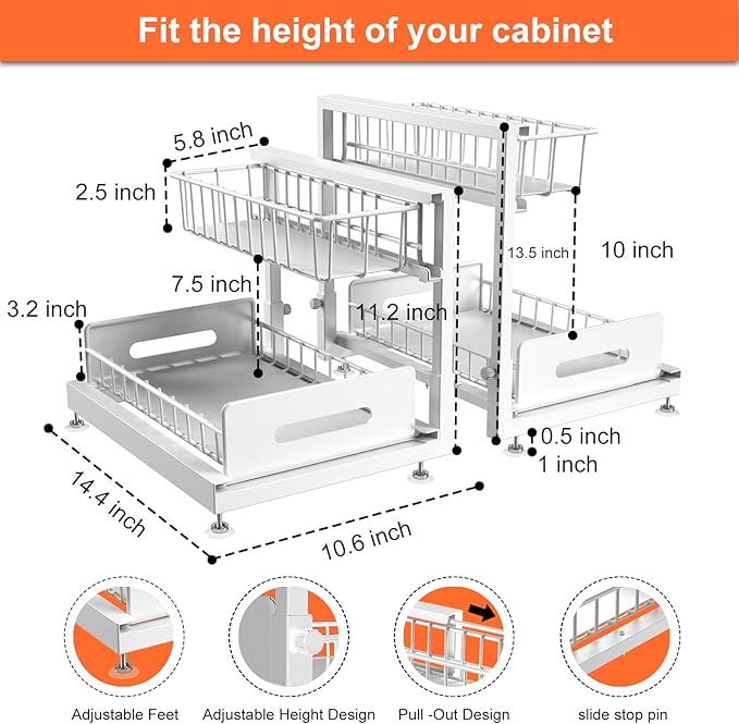 Dataroad Under Sink Organizers And Storage Pull Out Cabinet Organizer 2 Tier Sliding Out Drawer,Under Kitchen Sink Organizer Shelf,Adjustable Counter Organization for Kitchen Pantry Cabinet,White