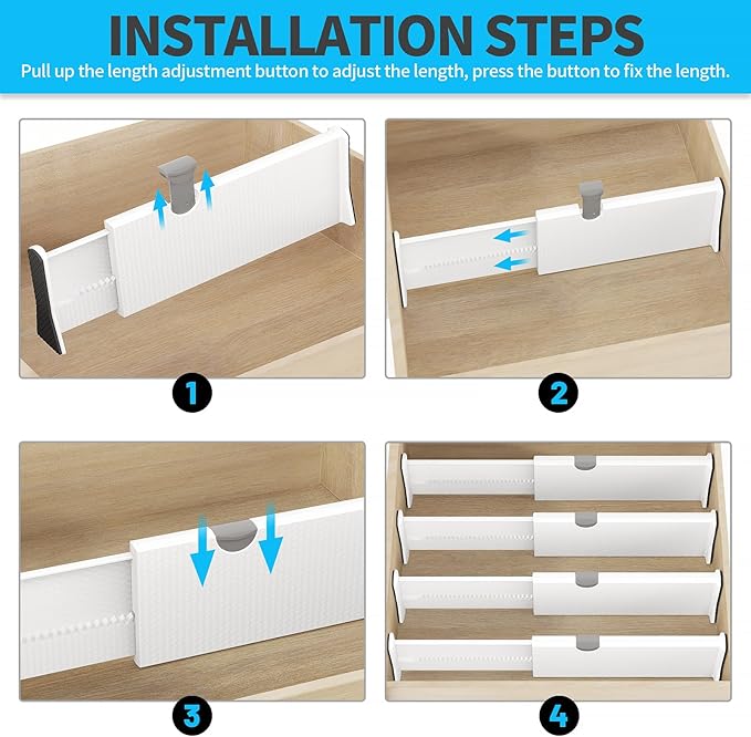 Drawer Dividers Organizer 6 Pack, Adjustable Separators 4" High Expandable from 11-17" for Bedroom, Bathroom, Closet, Clothing, Office, Kitchen (White, 6 PACK)