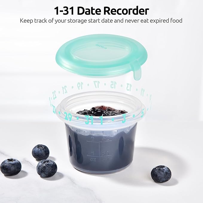 U-Taste 2oz Silicone Food Container: Mini Kitchen Storage with Airtight Lid, Freezer & Microwave Safe, Dip Box with Date Marking Circle, Clear Round Stackable for Sauce, Dressing, Condiment (Teal)
