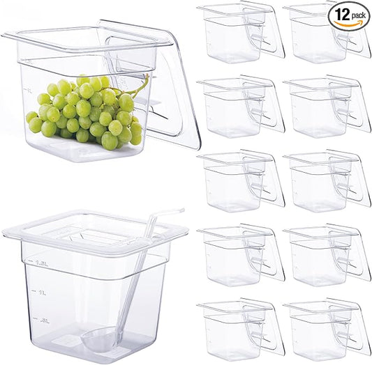 12 Pack Plastic Food Pan with Lids 1/6 Size 6'' Deep Restaurant Food Containers Stackable Clear Polycarbonate Commercial Hotel Pans with 1 Plastic Spoon for Fruits Vegetables