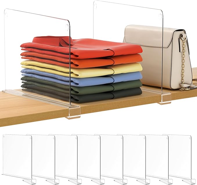 8 Pack 12 Inches [Extra Tall Version] Clear Shelf Dividers for Organization, Acrylic Closet Shelf Vertical Shelves Organizer for Bedroom, Kitchen and Office