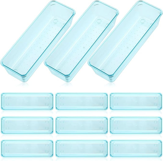 Maitys 12 Pcs Vanity Drawer Organizer 9 x 3 x 2 Inches Clear Plastic Utensil Organizers Kitchen Drawers Dividers for Office Desk Silverware Kitchen Utensils Cosmetics and Bathrooms(Blue)