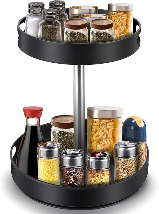 Spice Rack Lazy Susan Organizer, 2 Tier Height Adjustable Rotating Lazy Turntable Organization for Cabinet Kitchen Table Pantry Countertop Refrigerator Cupboard Storage(Black, 12 inch)