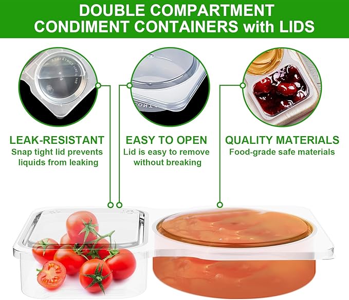 32 Pack Double Compartment Condiment Container -5.5x3.3 inches Plastic Snack Containers with Lids for Sauces, and Salad Dressings | Portable Snackle Box, Portion Control & Food Storage Solution