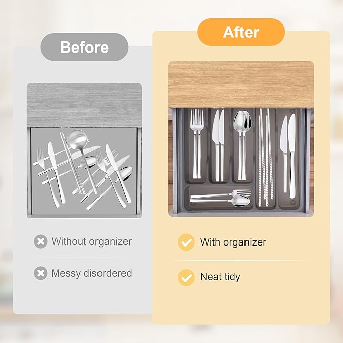 Gray Silverware Organizer with Lid,Plastic Utensil Drawer Organizer,Covered Storage Box Flatware Cutlery Drawer Organizer,Utensil Organizer for Kitchen Drawers,Silverware Tray for Drawer