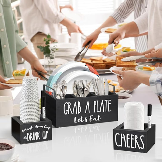 Paper Plate Holders with 2 Cup Holders and Markers, Wood Paper Plate Dispenser, Kitchen Utensil Holder Paper Plate Organizer for Counter, Cutlery Caddy Napkin Holder for Party Camping Picnic (Black)