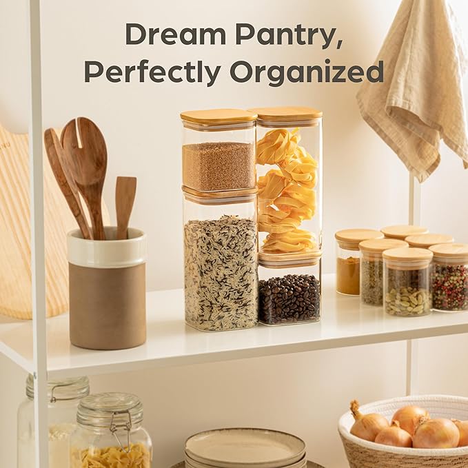 Square Glass Food Storage Jars 50 oz & 24 oz - Set of 4 Kitchen Storage Jars with Bamboo Lid Airtight for Coffee, Flour, Pasta, Cereal, Cookie, Spice and More