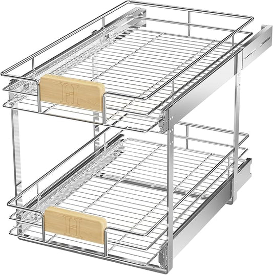 LOVMOR 2 Tier Pull Out Cabinet Organizer 13½" W x 21½" D, Slide Out Drawers with Wooden Handle, Sliding Shelves Organization and Storage for Kitchen, Pantry