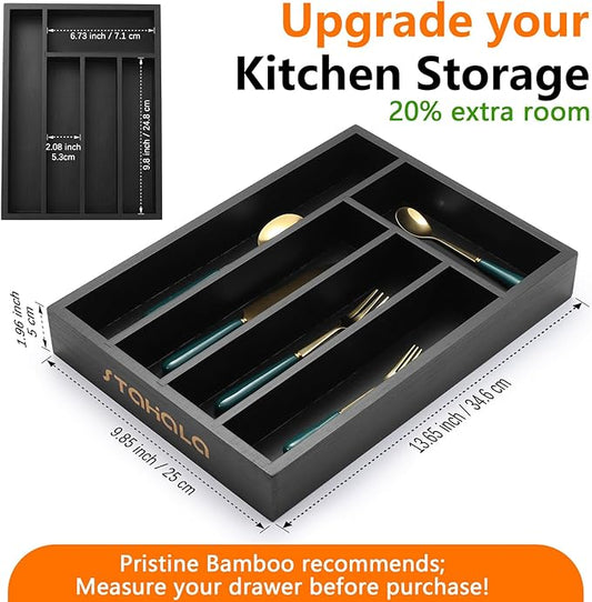 Bamboo Silverware Drawer Organizer with Labels,Kitchen Small Narrow Utensil Drawer Organizer,Kitchen Utensil Tray Holder Organizer for Flatware,Cutlery,Spoon,Knives Drawer Organization (Black, Large)