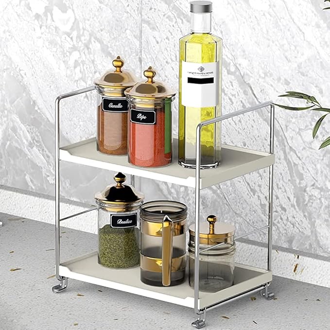 Plastic/Metal Freestanding Stackable Organizer Shelf,Bathroom Countertop Storage Shelf Cosmetic Organizer Holder Kitchen Spice Rack,2-Tier Standing Rack (Silver)