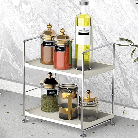 Plastic/Metal Freestanding Stackable Organizer Shelf,Bathroom Countertop Storage Shelf Cosmetic Organizer Holder Kitchen Spice Rack,2-Tier Standing Rack (Silver)