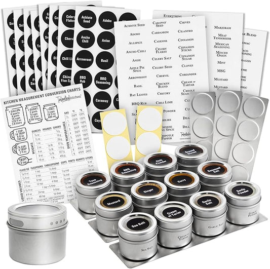 Talented Kitchen 12 Magnetic Spice Jars for Refrigerator with 3 Metal Wall Bases, 269 Preprinted Seasoning Labels, 2 Styles, 1 Cooking Conversion Chart, for 3 oz Containers - Magnetic Spice Containers
