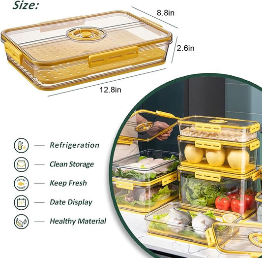 CottonColors Fridge Organizer, Food Storage Containers With Lids for Timer & Drain Board Stackable Refrigerator Organizers and Storage（Short, Large, 2 L）