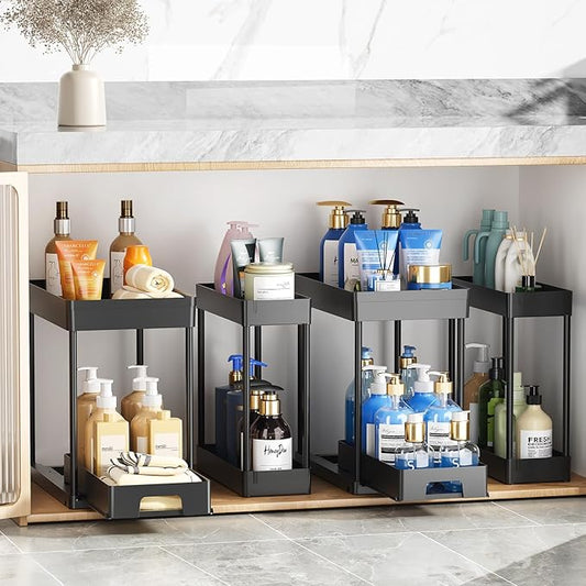 Delamu 4 Pack Under Sink Organizers and Storage, 2 Tier Black Bathroom Cabinet Organizer, Multi-Use Kitchen Bathroom Organizers and Storage