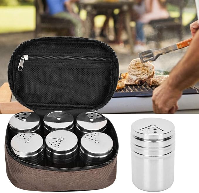 Stainless Steel Spice Jar Set, 6 Pack 3 oz Camping Spice Bottles Kit with Shaker Lids Empty Spice Shaker Seasoning Dispenser Containers with Adjustable Pour Holes for Kitchen BBQ Picnic Travel