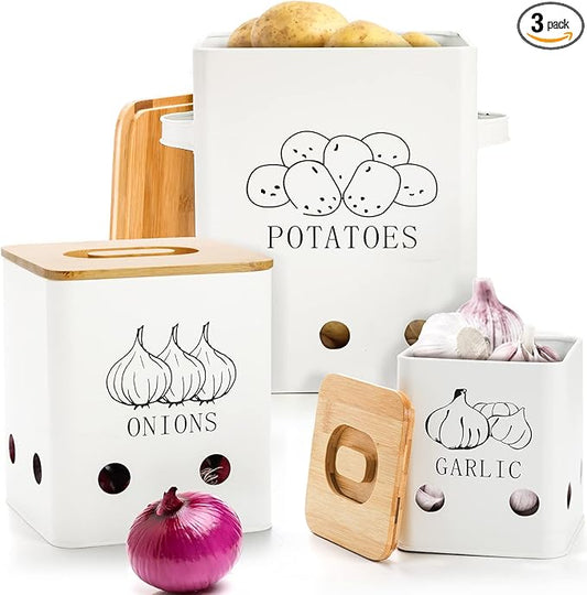 WUWEOT 3 Pack Vegetable Storage Tins, Metal Onion Garlic Potato Jars Set, Kitchen Canisters Vegetable Keeper Containers with Aerating Holes and Wooden Lid