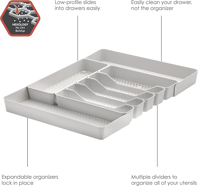 Spectrum Hexa 6-Divider Expandable Silverware Tray (Stone Gray) - in-Drawer Organizer for Kitchen Accessories, Cutlery, Knives, & More/Easy-to-Clean Home & Apartment Essential