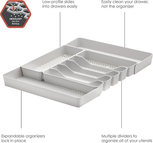 Spectrum Hexa 6-Divider Expandable Silverware Tray (Stone Gray) - in-Drawer Organizer for Kitchen Accessories, Cutlery, Knives, & More/Easy-to-Clean Home & Apartment Essential