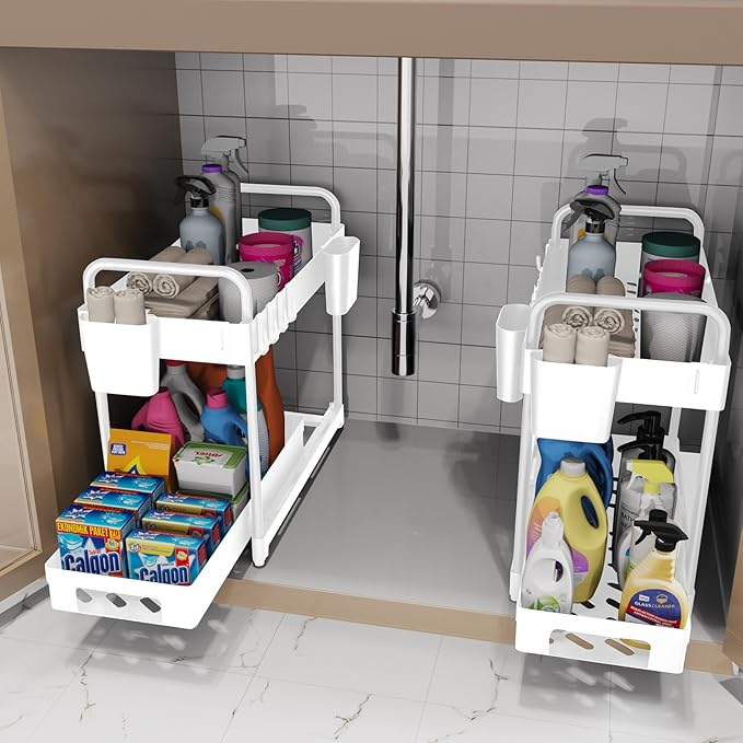 2 Pack Double-Layer Under Sink Organizer for Efficiently Utilizing Space, High Capacity and Space Saving, 2 Tier Sliding Under Sink shelf with 4 Hooks and a Cup Slot (White)