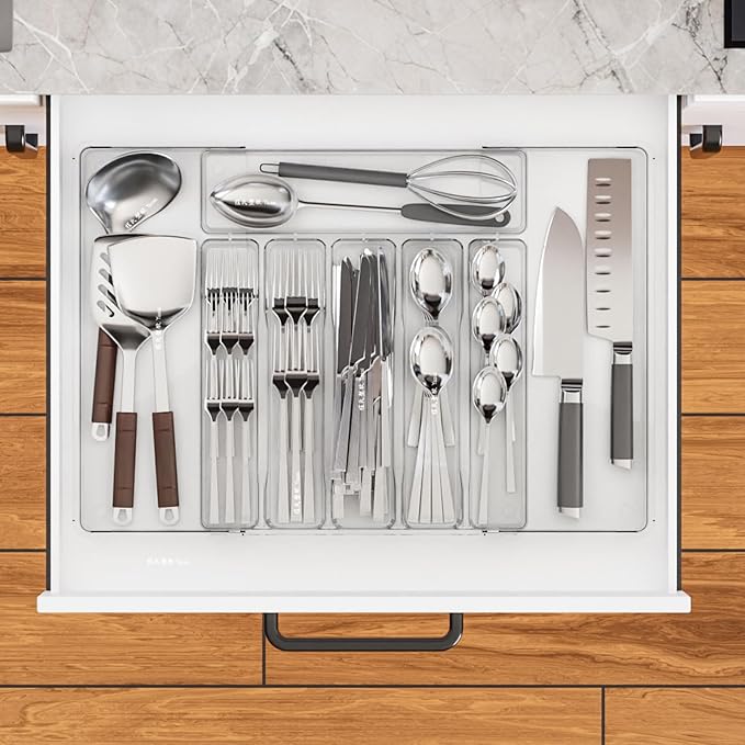 Yieach Clack Expandable Silverware Organizers for Kitchen Drawers,Large 8 Grid Silverware Tray and Cutlery Drawer Organizer,BPA Free Kitchen Utensil Organizer for Knife,Spoons Forks Set Flatware Tray