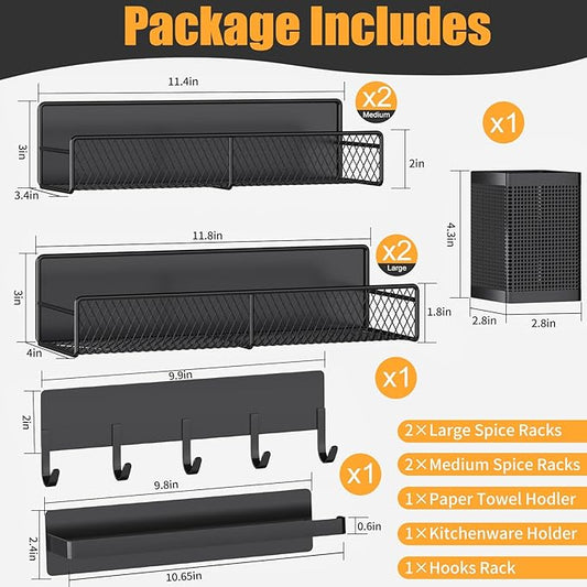 Magnetic Spice Rack for Refrigerator, 7 Pack Metal Shelf Black , Moveable Organizer with Hook Rack, Paper Towel Holder, Kitchenware Strong Storage Fridge