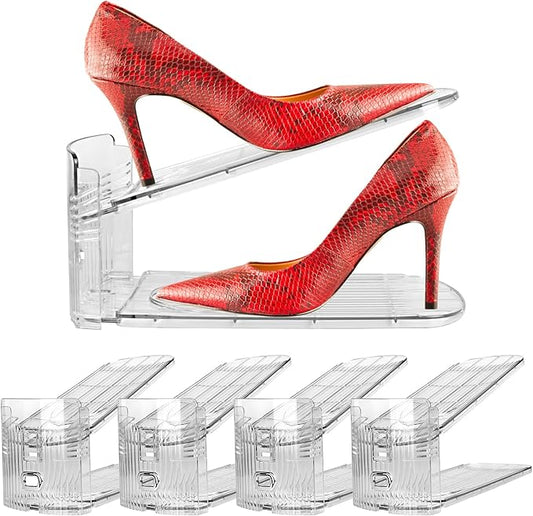Yes!Fresh Shoe Slots Organizer, Boutique Display Style Shoe Stacker for A Pair of Shoes, Separable Shoe Rack for Closet Organization, 3 Adjustable Narrow Shoe Rack (Clear, 4 Pack)