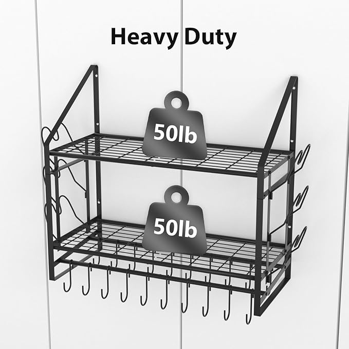 35 Inch Pot Rack Wall Mounted, 2 Tier Pots and Pans Organizer with 20 Hooks and 6 Pot Lid Holders, Heavy Duty Steel Pot and Pan Hanger for Kitchen Cookware Utensils Storage 34.7" Lx13 Wx26.4 H