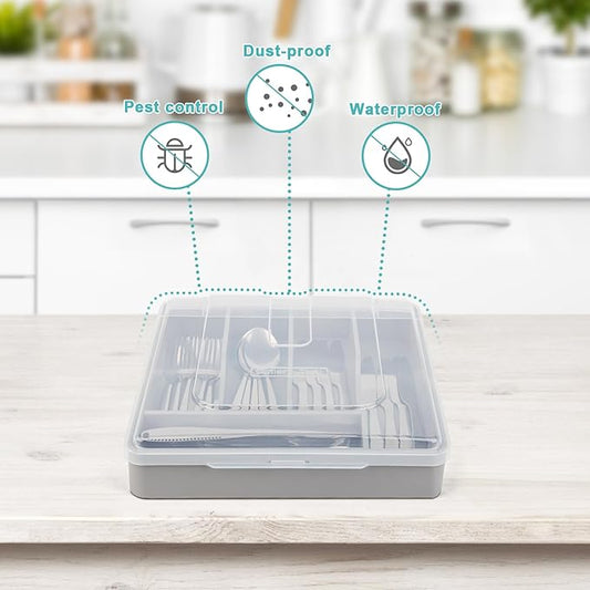 Bamboo Silverware Tray with Lid, Utensil Drawer Organizer for Kitchen Countertop, Wooden Flatware Organizers and Storage Holder, Bamboo Grey