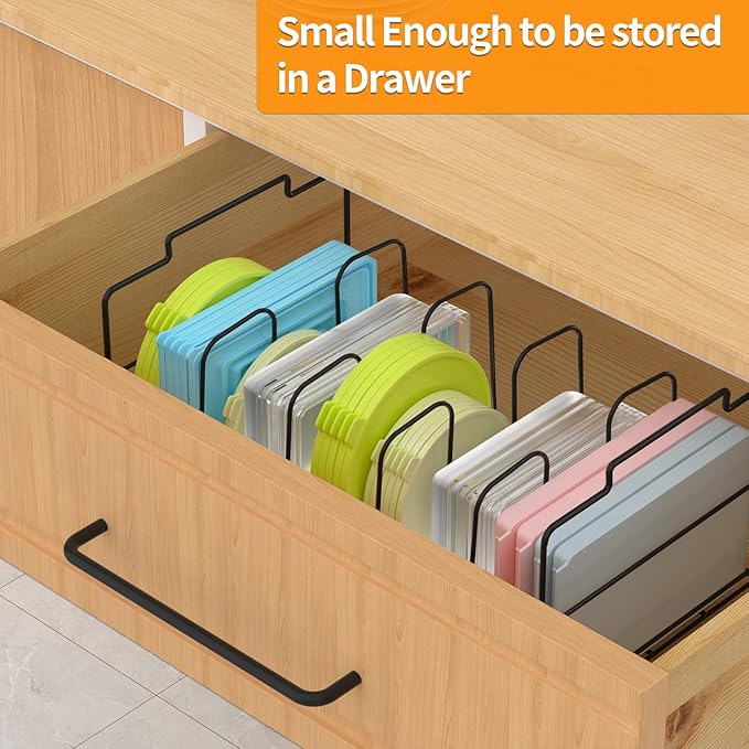 2 Tiers Stack Food Storage Container Lid Organizer 8 Dividers Storage Container Lid Holder Rack for Cabinets, Cupboards, Pantry Shelves, Drawers to Keep Kitchen Tidy, Black