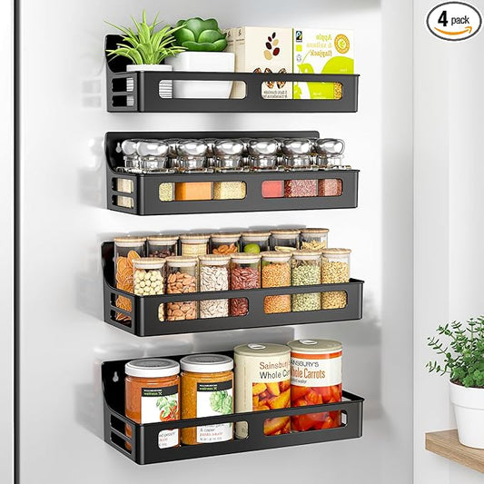 Magnetic Spice Rack for Refrigerator, 4 Pack Premium Plastic Spice Rack Organizer,Magnetic Fridge Shelf Seasoning Rack,Perfect Kitchen Organization and Storage (Black)