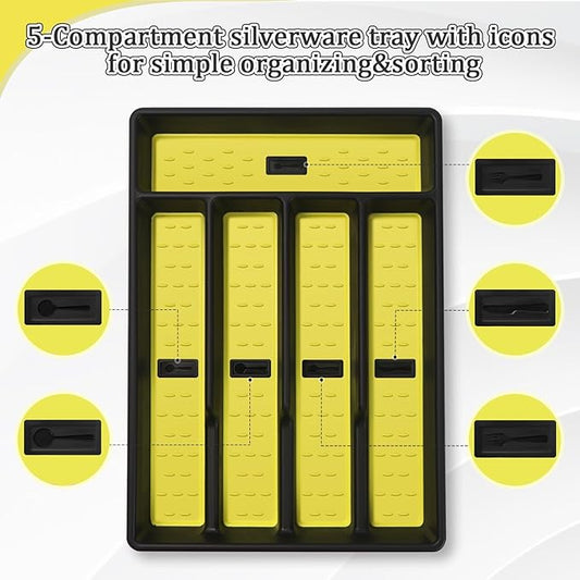 Silverware Organizer with Cutlery Icons，Silverware Tray for Kitchen Drawer，Plastic Flatware Tableware Cultery Drawer Organizer Utensil Organizer with Non-slip TPR Linings，5-Compartment，Yellow