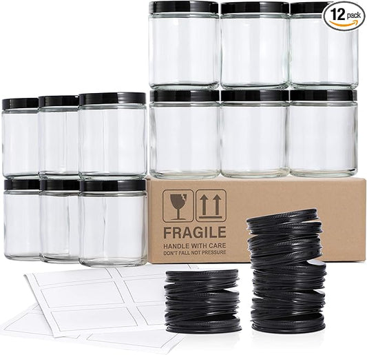 12 Pack, 8 OZ Thick Glass Jars with Lids, Clear Candle Jars with 12 Metal & 12 Plastic Lids - Empty Round Food Storage Containers, Canning Jar For Spice, Powder, Liquid, Sample - Dishwasher Safe