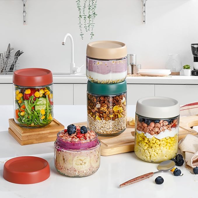 DIMBRAH Overnight Oats Containers with Lids, Mason Jars 16 oz with Lids - Set Of 4, Glass Jar with Lid, Practical Oatmeal Container to Go, Chia Seed Pudding Jars