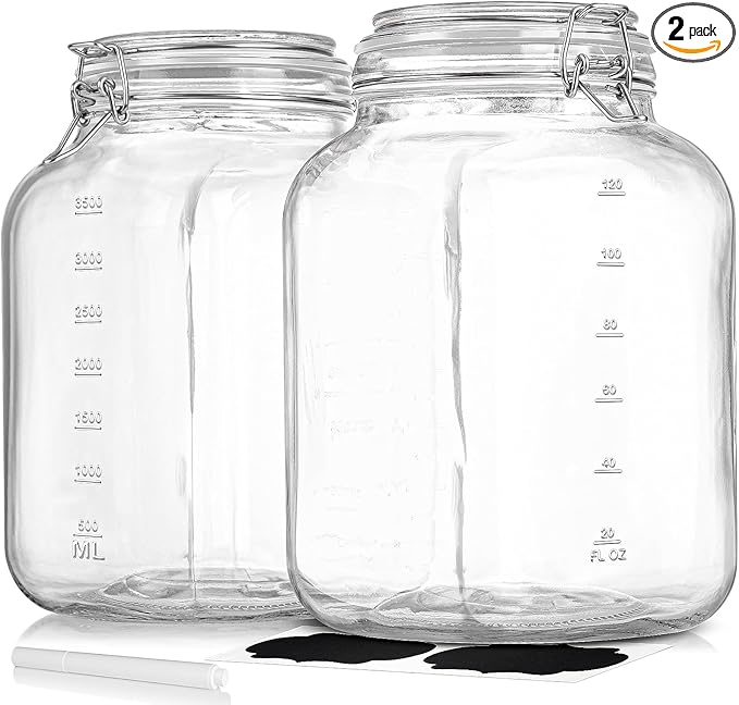 2 Pack 1 Gallon Square Super Wide-Mouth Glass Jars with Airtight Lids - Glass Storage Jars with 2 Measurement Mark - Canning Jars with Large Capacity, Sturdy For Canning, Overnight Oats, 4200 ML