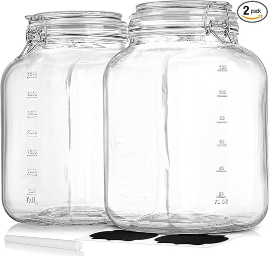2 Pack 1 Gallon Square Super Wide-Mouth Glass Jars with Airtight Lids - Glass Storage Jars with 2 Measurement Mark - Canning Jars with Large Capacity, Sturdy For Canning, Overnight Oats, 4200 ML