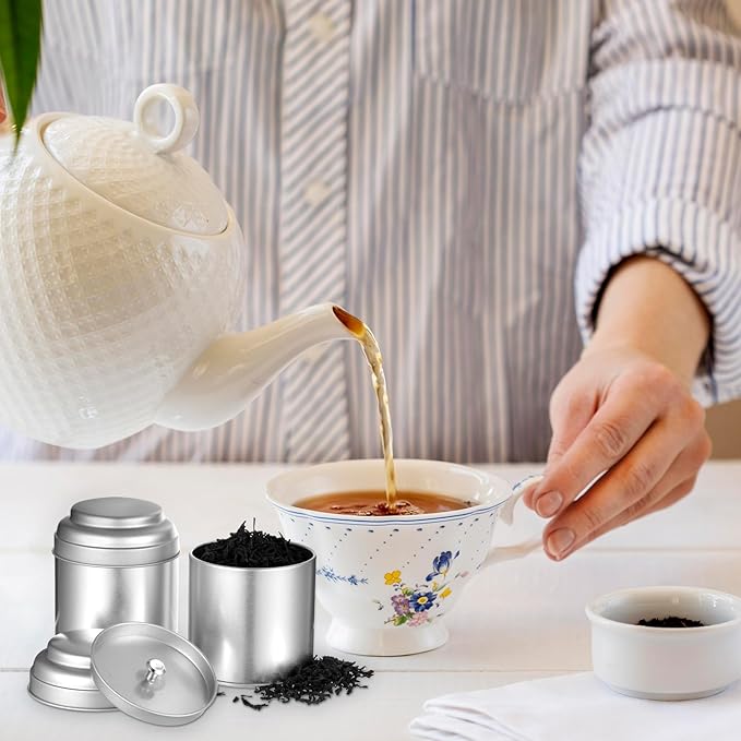 12Pcs Tea Canister Set with Airtight Double Lids, 8 Oz Silver Tea Tin Holder Organizer, Stainless Steel Round Tea-Canisters for Loose-Tea Storage, Coffee, Sugar, Spices