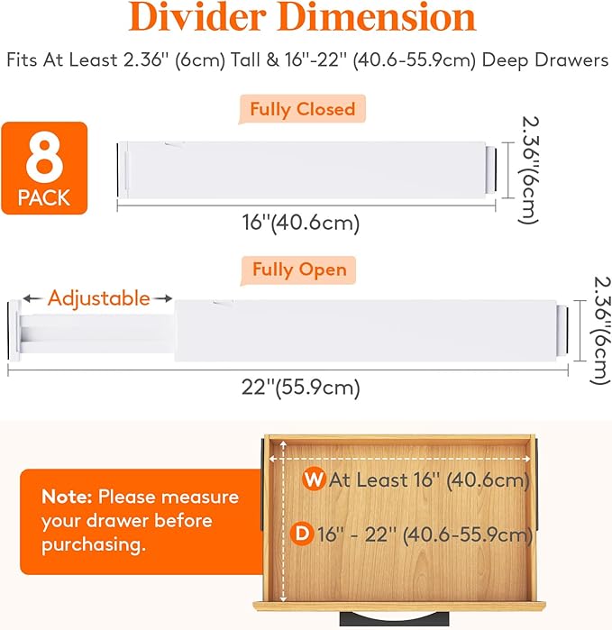 Lifewit 8 Pack Kitchen Drawer Dividers 2.36" High, 16"-22" Adjustable Drawer Organizer for Utensils/Clothes/Makeup, Plastic Expandable Separators in Dresser/Bedroom/Bathroom/Office Storage